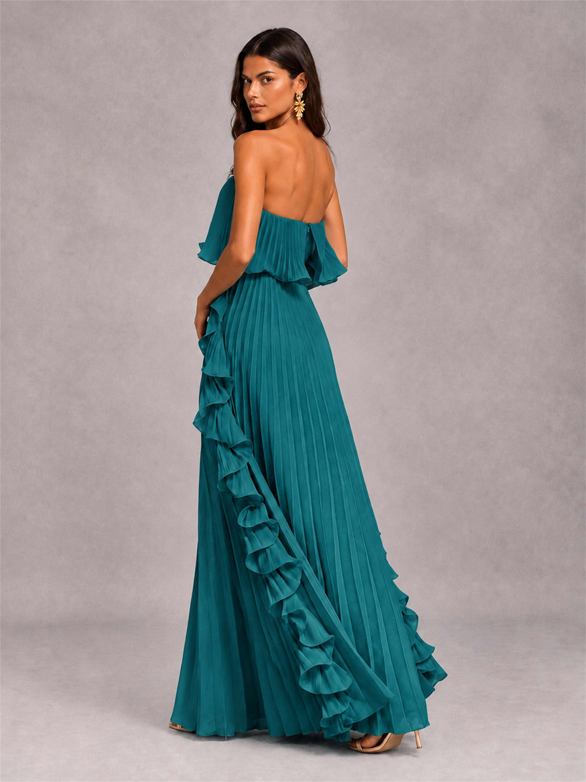 Strapless A-Line Chiffon Ruffle Pleated Floor-Length Wedding Guest Dress