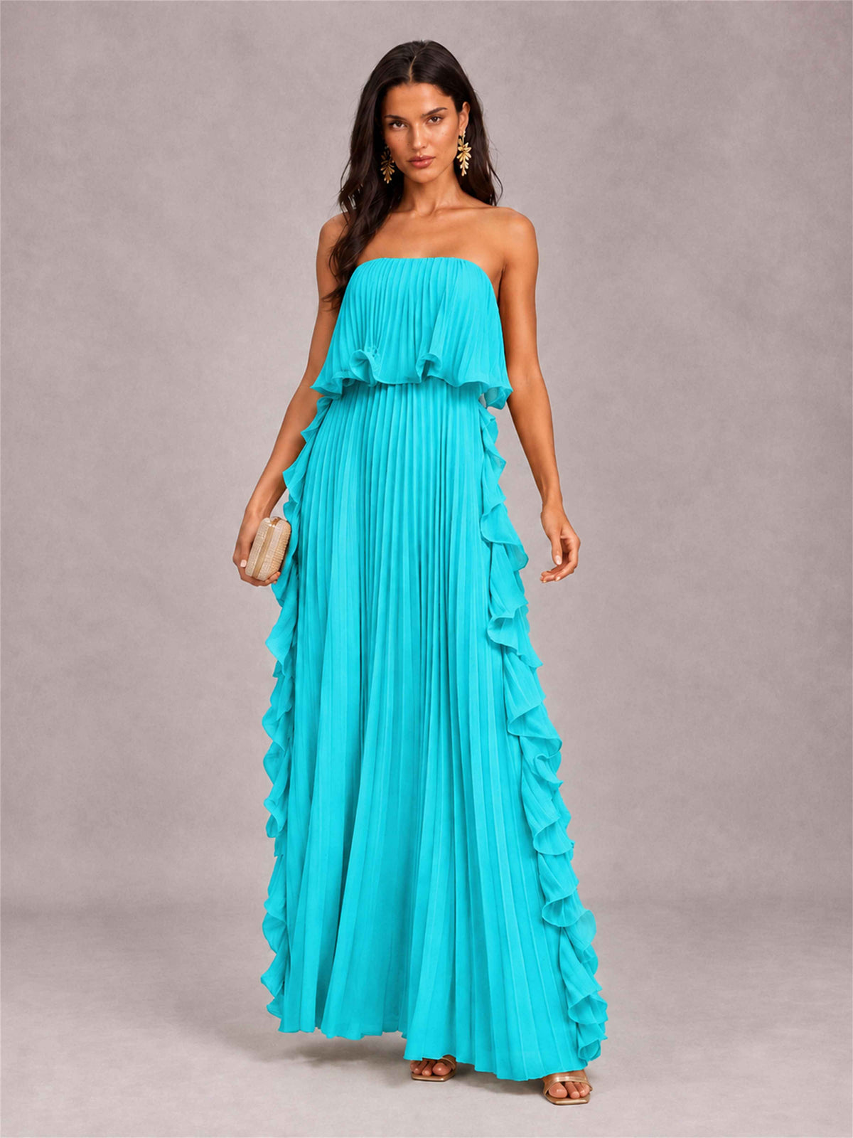 Strapless A-Line Chiffon Ruffle Pleated Floor-Length Wedding Guest Dress
