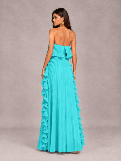 Strapless A-Line Chiffon Ruffle Pleated Floor-Length Wedding Guest Dress