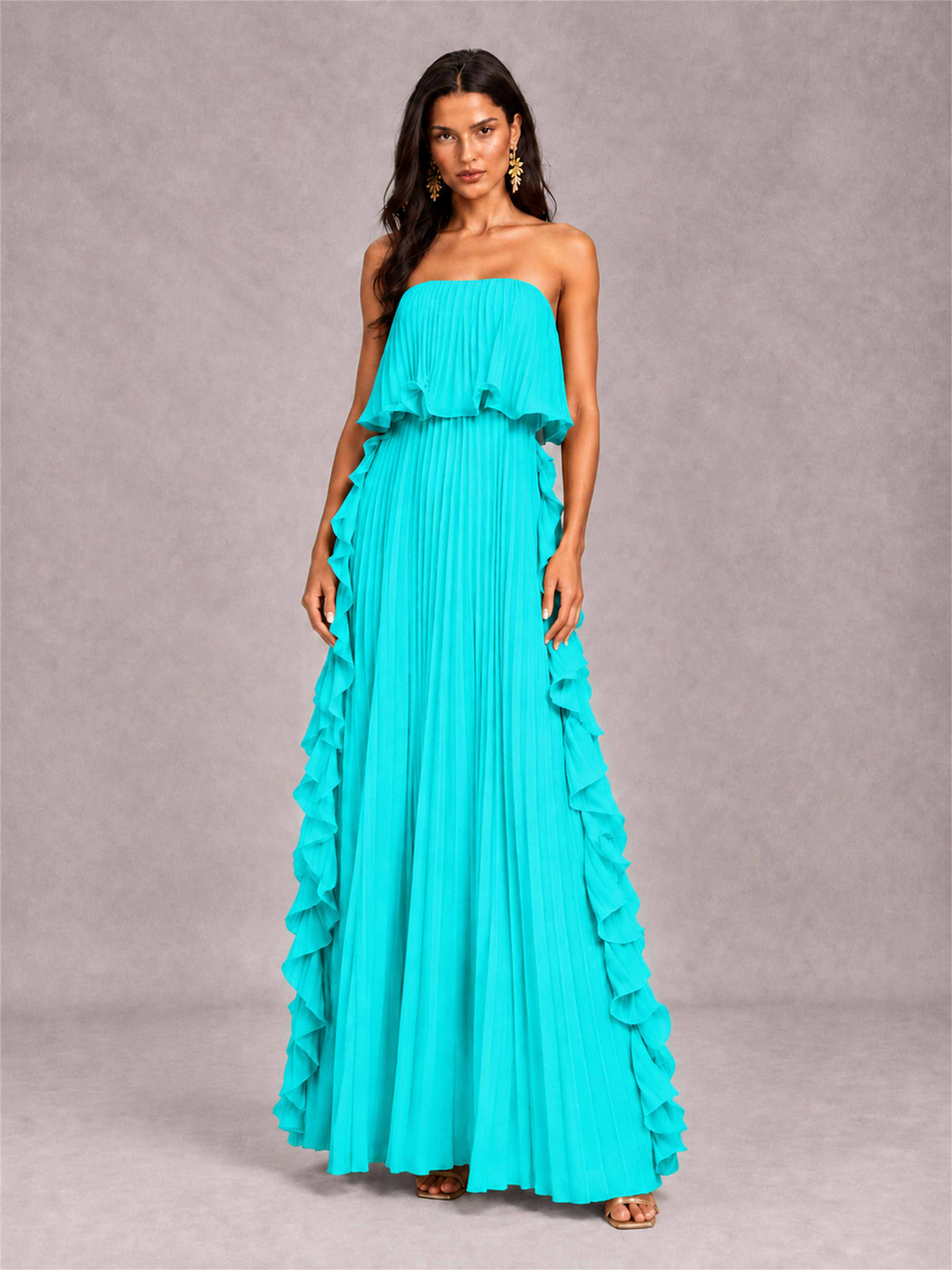 Strapless A-Line Chiffon Ruffle Pleated Floor-Length Wedding Guest Dress