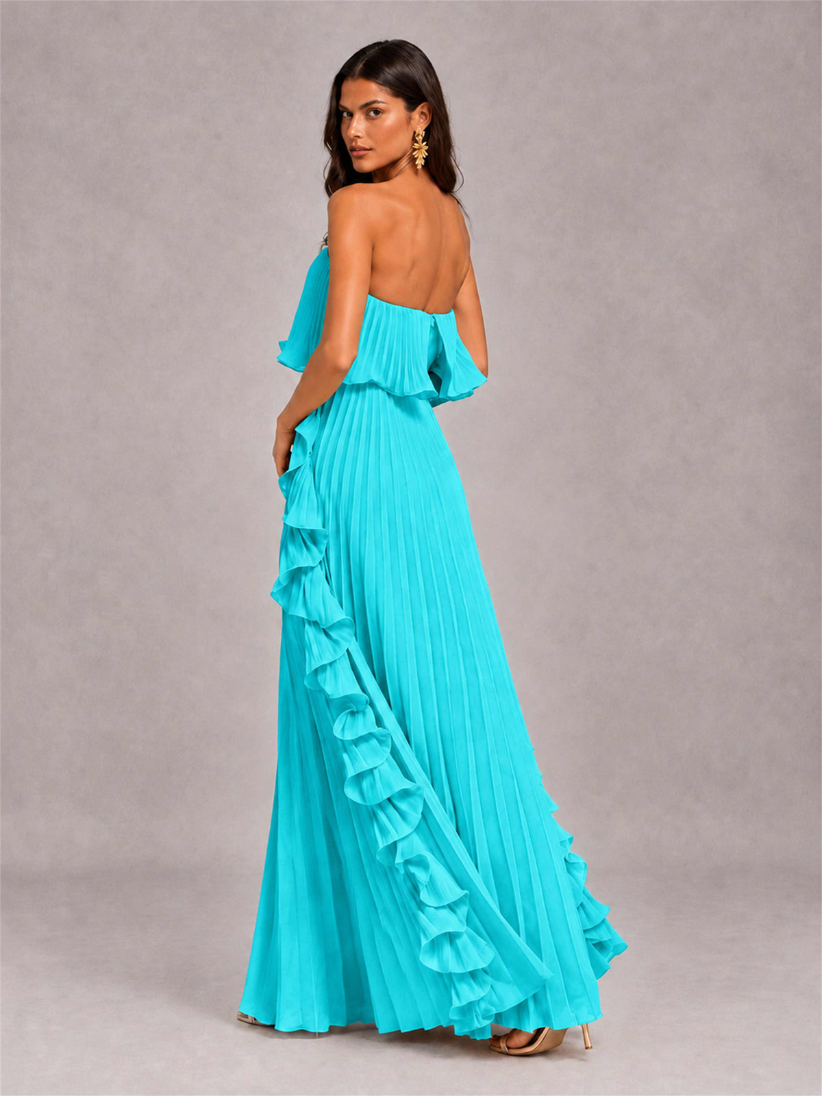 Strapless A-Line Chiffon Ruffle Pleated Floor-Length Wedding Guest Dress