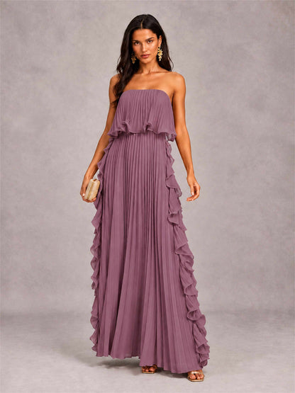 Strapless A-Line Chiffon Ruffle Pleated Floor-Length Wedding Guest Dress