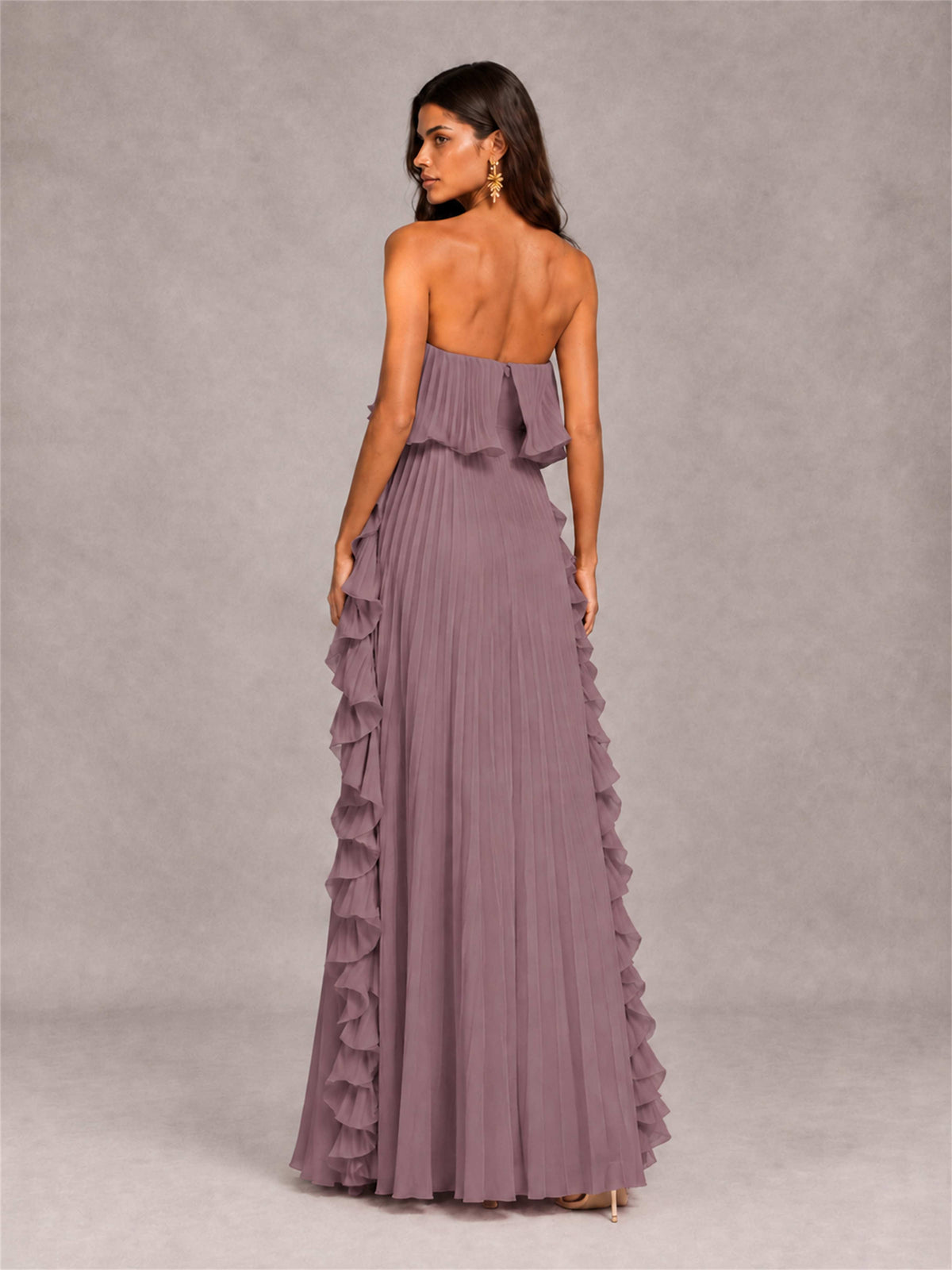 Strapless A-Line Chiffon Ruffle Pleated Floor-Length Wedding Guest Dress