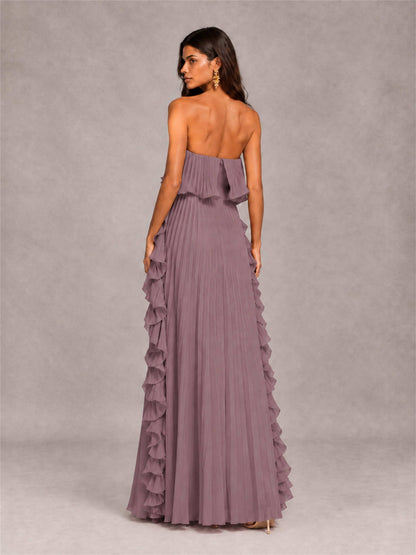 Strapless A-Line Chiffon Ruffle Pleated Floor-Length Wedding Guest Dress