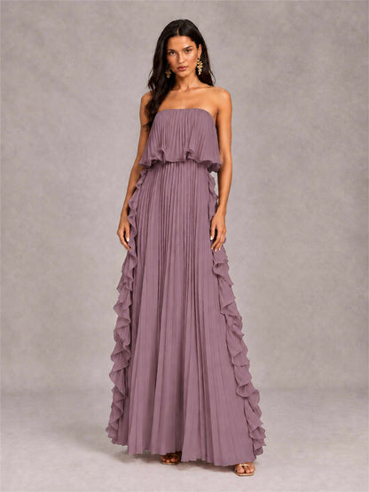 Strapless A-Line Chiffon Ruffle Pleated Floor-Length Wedding Guest Dress