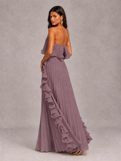 Strapless A-Line Chiffon Ruffle Pleated Floor-Length Wedding Guest Dress