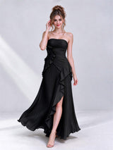Strapless A-Line Chiffon Ruffle Pleated Sleeveless Wedding Guest Dress with Split Side
