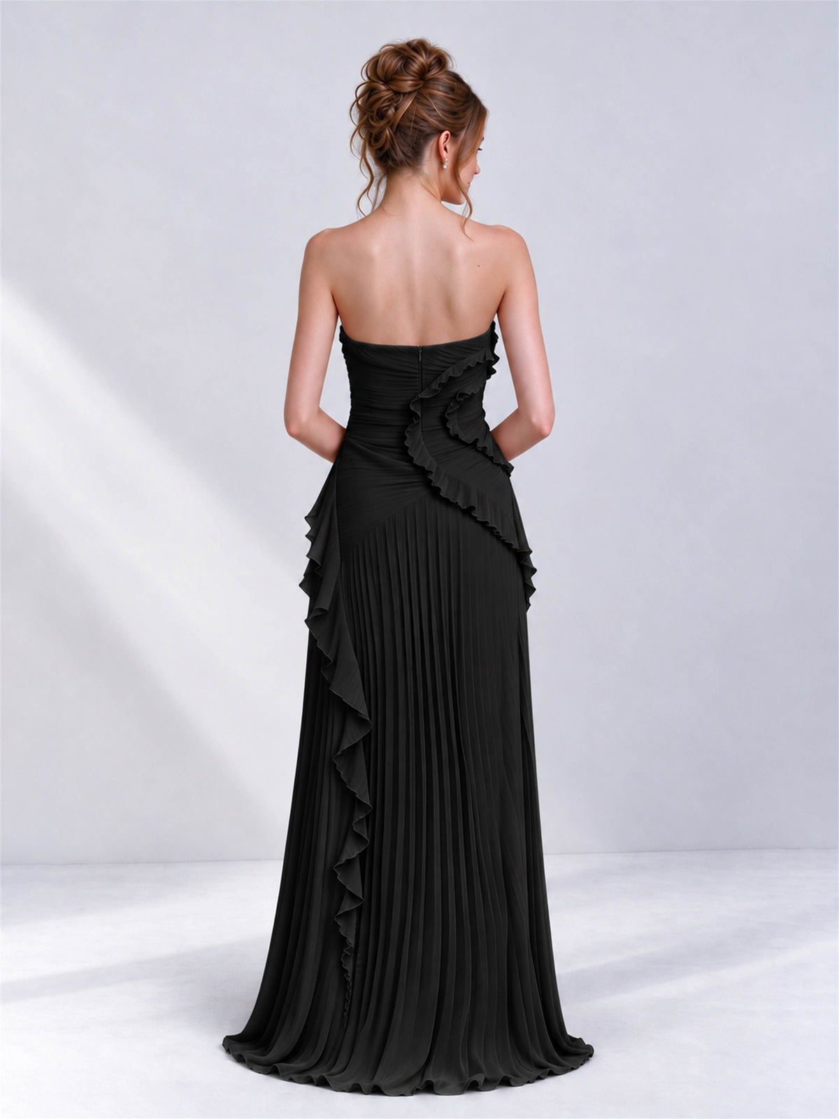 Strapless A-Line Chiffon Ruffle Pleated Sleeveless Wedding Guest Dress with Split Side