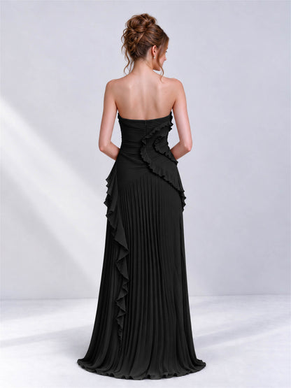 Strapless A-Line Chiffon Ruffle Pleated Sleeveless Wedding Guest Dress with Split Side