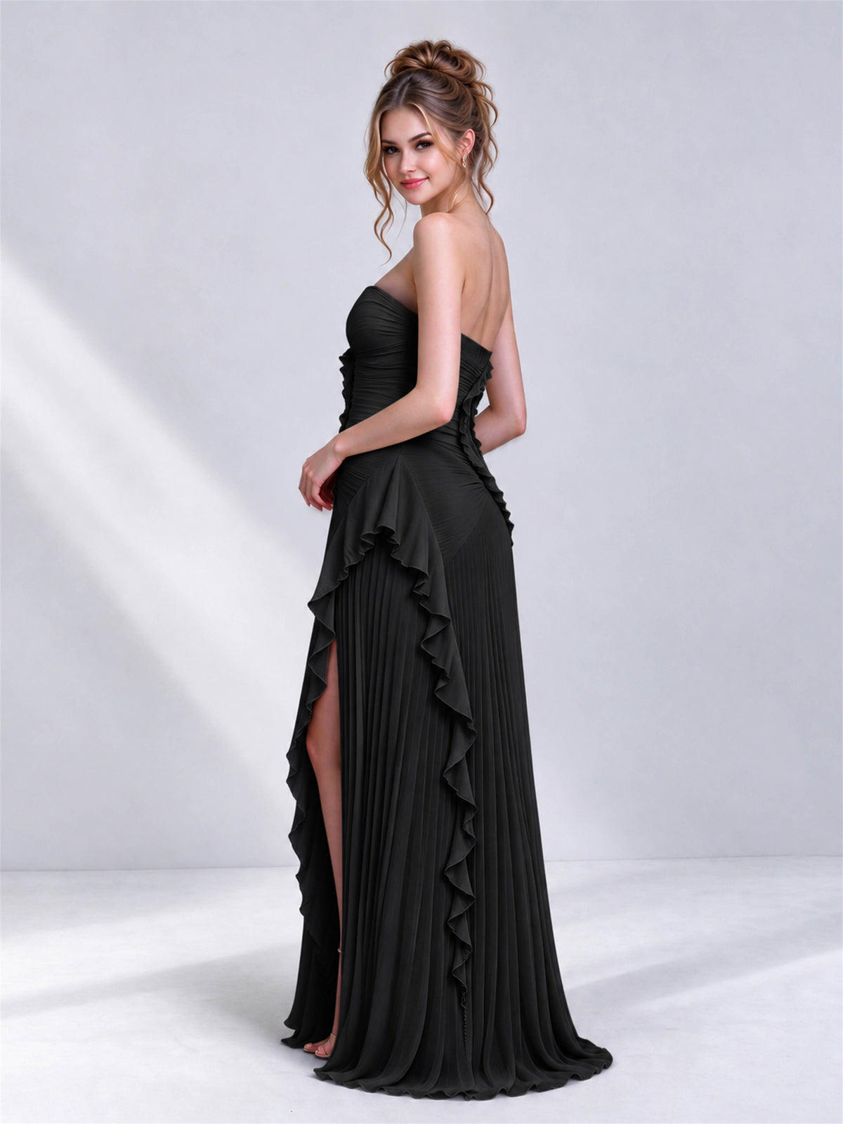 Strapless A-Line Chiffon Ruffle Pleated Sleeveless Wedding Guest Dress with Split Side