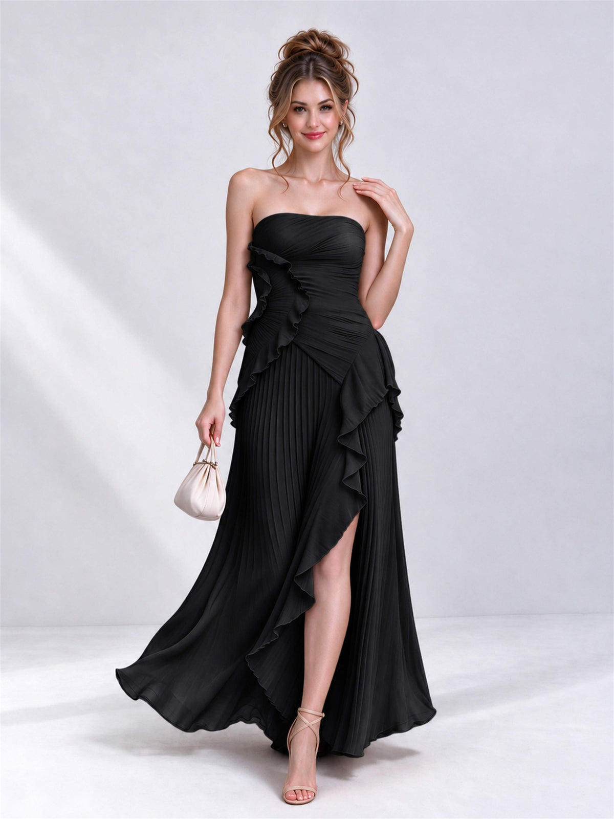 Strapless A-Line Chiffon Ruffle Pleated Sleeveless Wedding Guest Dress with Split Side