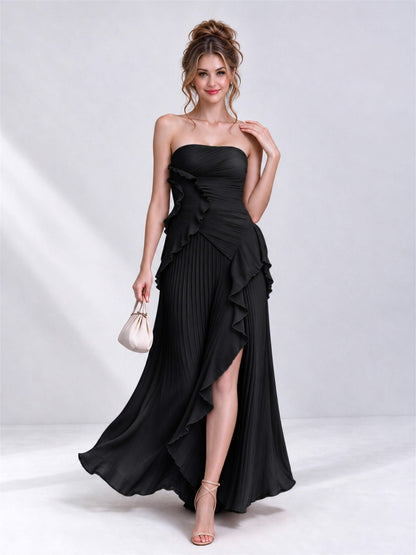 Strapless A-Line Chiffon Ruffle Pleated Sleeveless Wedding Guest Dress with Split Side