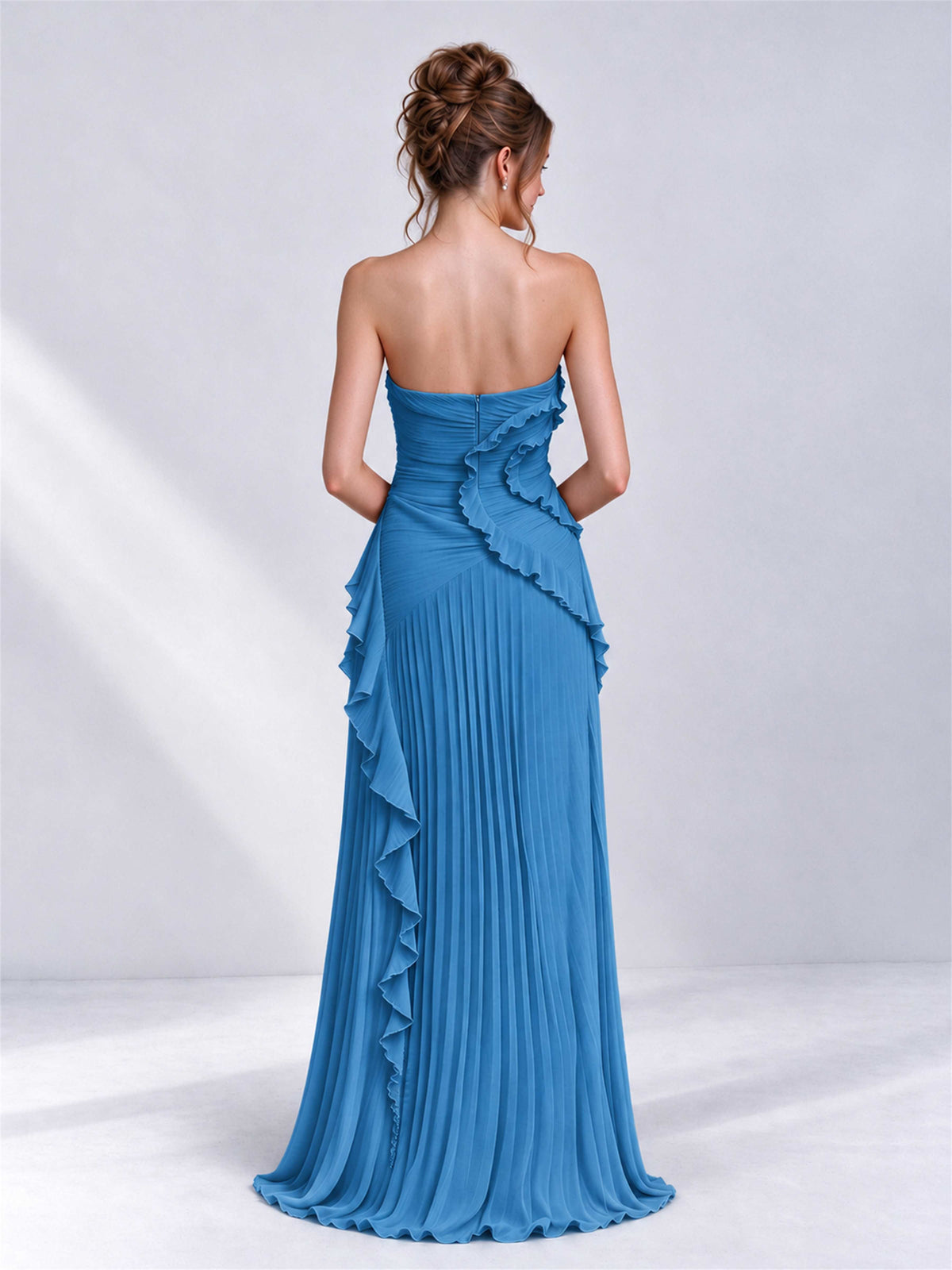 Strapless A-Line Chiffon Ruffle Pleated Sleeveless Wedding Guest Dress with Split Side
