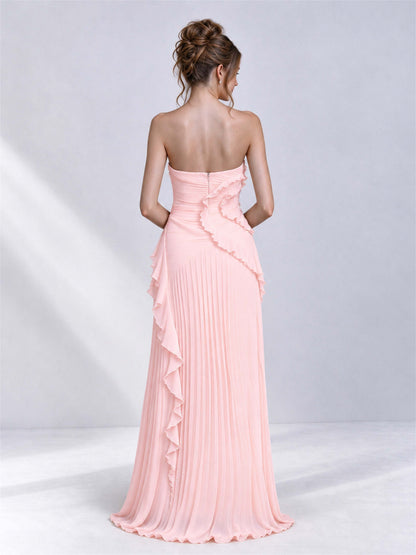 Strapless A-Line Chiffon Ruffle Pleated Sleeveless Wedding Guest Dress with Split Side