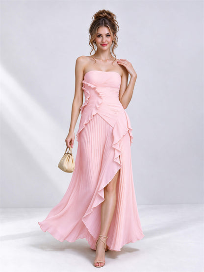 Strapless A-Line Chiffon Ruffle Pleated Sleeveless Wedding Guest Dress with Split Side