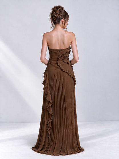 Strapless A-Line Chiffon Ruffle Pleated Sleeveless Wedding Guest Dress with Split Side
