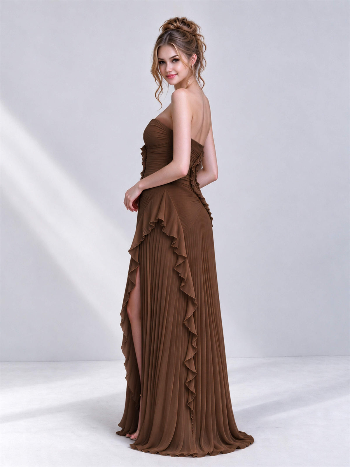 Strapless A-Line Chiffon Ruffle Pleated Sleeveless Wedding Guest Dress with Split Side