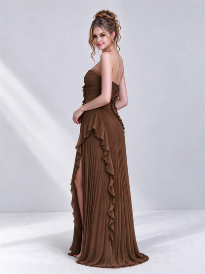 Strapless A-Line Chiffon Ruffle Pleated Sleeveless Wedding Guest Dress with Split Side