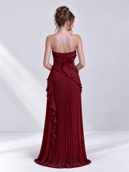 Strapless A-Line Chiffon Ruffle Pleated Sleeveless Wedding Guest Dress with Split Side