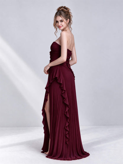 Strapless A-Line Chiffon Ruffle Pleated Sleeveless Wedding Guest Dress with Split Side