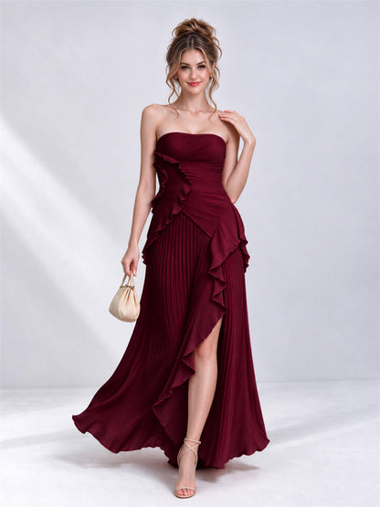 Strapless A-Line Chiffon Ruffle Pleated Sleeveless Wedding Guest Dress with Split Side