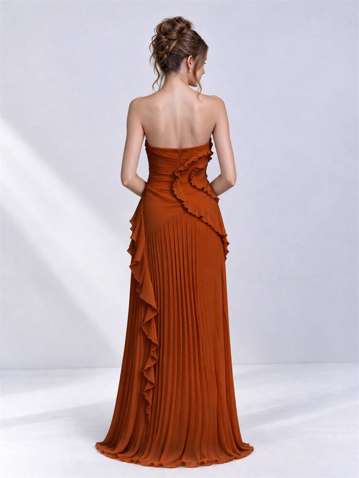 Strapless A-Line Chiffon Ruffle Pleated Sleeveless Wedding Guest Dress with Split Side
