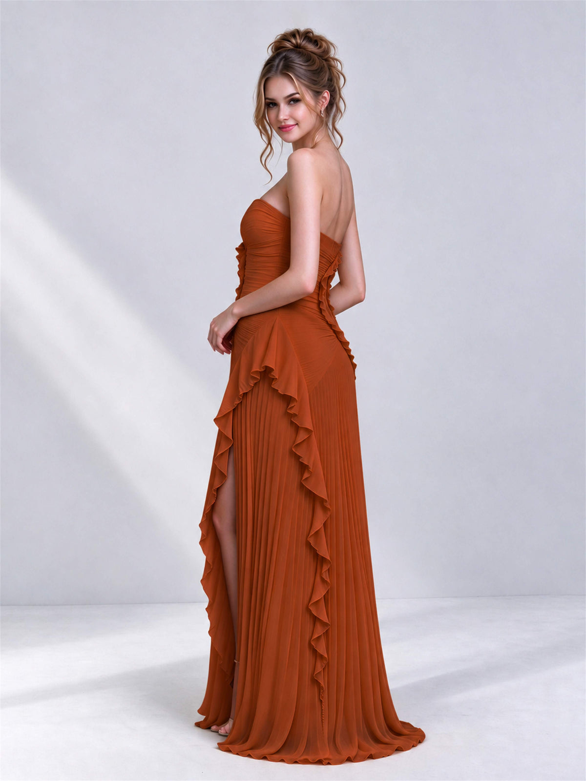 Strapless A-Line Chiffon Ruffle Pleated Sleeveless Wedding Guest Dress with Split Side