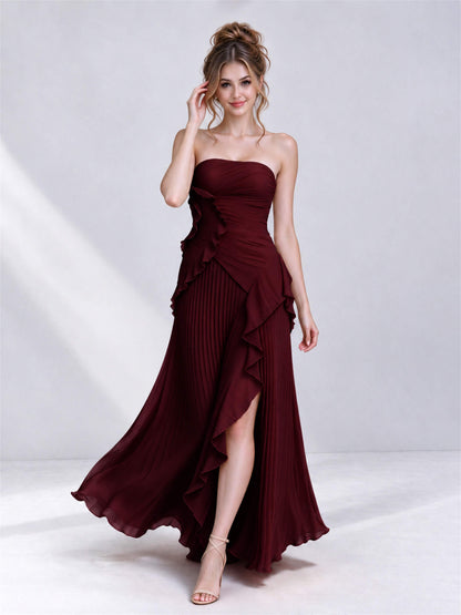 Strapless A-Line Chiffon Ruffle Pleated Sleeveless Wedding Guest Dress with Split Side