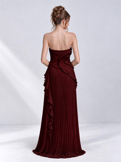 Strapless A-Line Chiffon Ruffle Pleated Sleeveless Wedding Guest Dress with Split Side