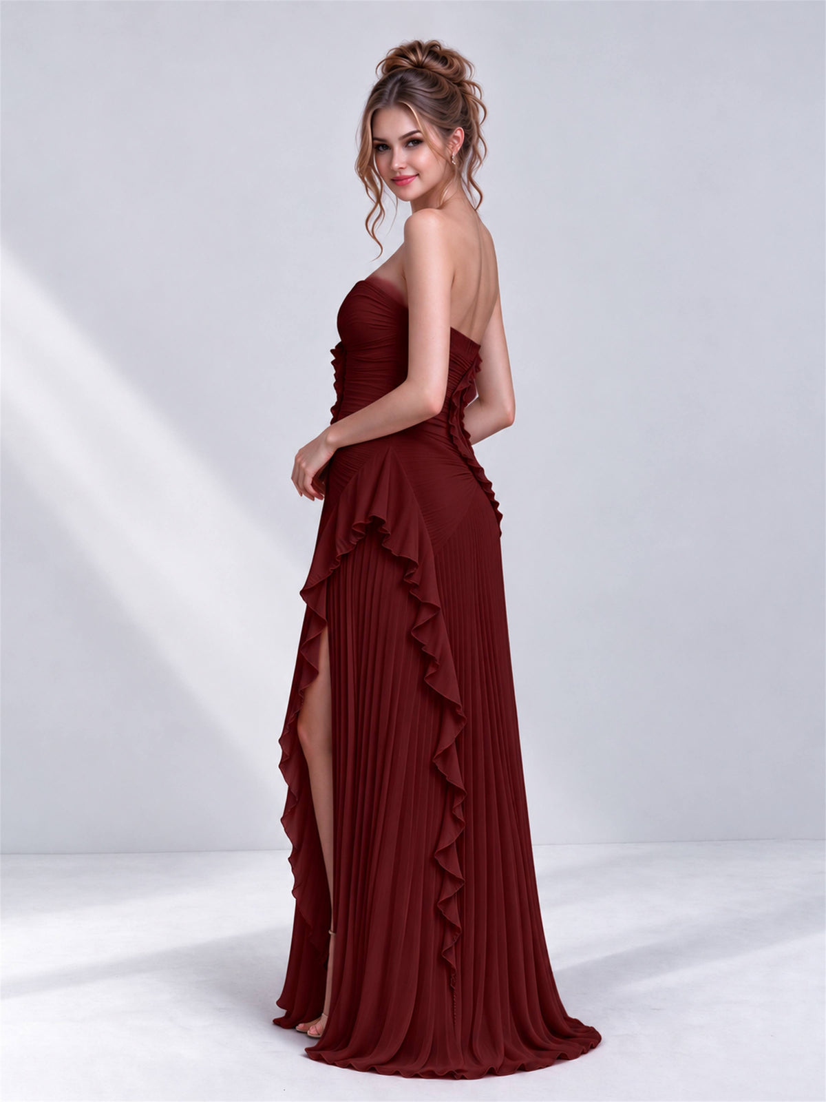 Strapless A-Line Chiffon Ruffle Pleated Sleeveless Wedding Guest Dress with Split Side
