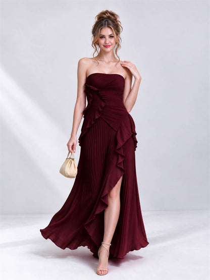 Strapless A-Line Chiffon Ruffle Pleated Sleeveless Wedding Guest Dress with Split Side