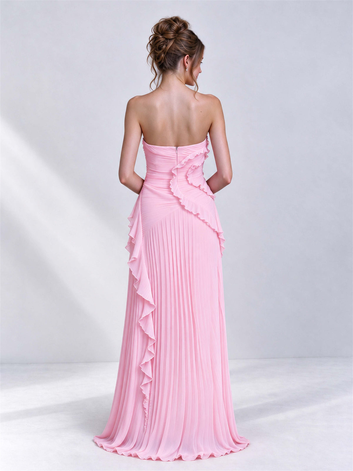 Strapless A-Line Chiffon Ruffle Pleated Sleeveless Wedding Guest Dress with Split Side