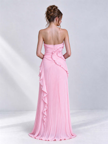 Strapless A-Line Chiffon Ruffle Pleated Sleeveless Wedding Guest Dress with Split Side