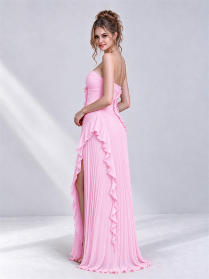 Strapless A-Line Chiffon Ruffle Pleated Sleeveless Wedding Guest Dress with Split Side