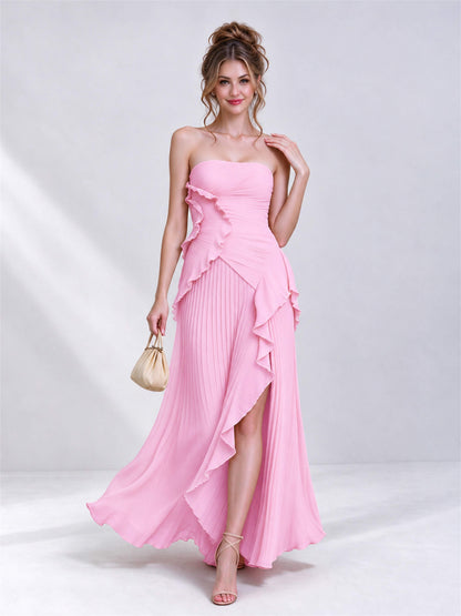 Strapless A-Line Chiffon Ruffle Pleated Sleeveless Wedding Guest Dress with Split Side