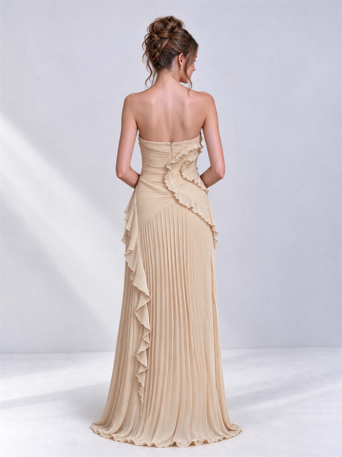 Strapless A-Line Chiffon Ruffle Pleated Sleeveless Wedding Guest Dress with Split Side