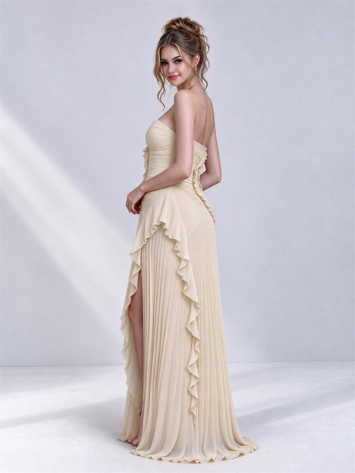 Strapless A-Line Chiffon Ruffle Pleated Sleeveless Wedding Guest Dress with Split Side