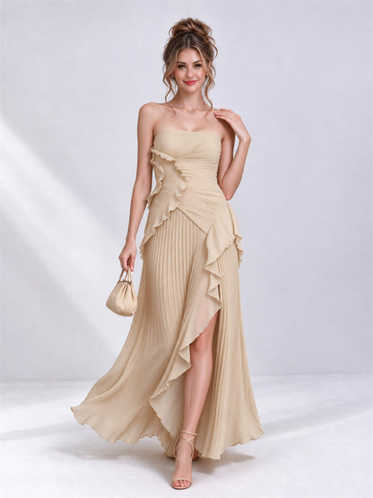 Strapless A-Line Chiffon Ruffle Pleated Sleeveless Wedding Guest Dress with Split Side