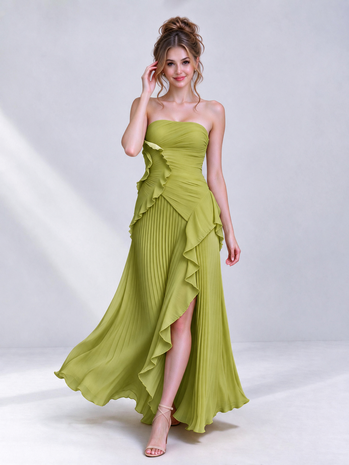 Strapless A-Line Chiffon Ruffle Pleated Sleeveless Wedding Guest Dress with Split Side