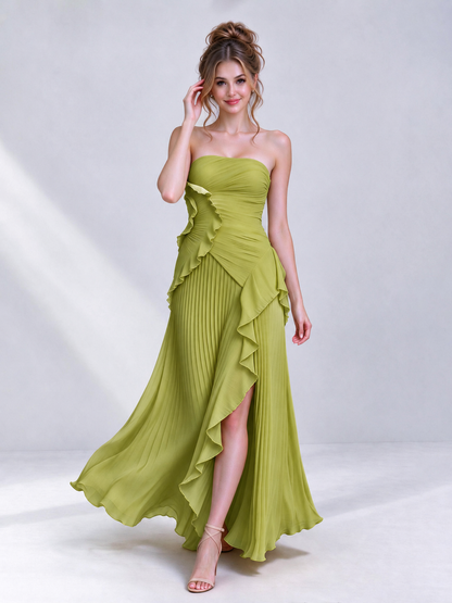 Strapless A-Line Chiffon Ruffle Pleated Sleeveless Wedding Guest Dress with Split Side