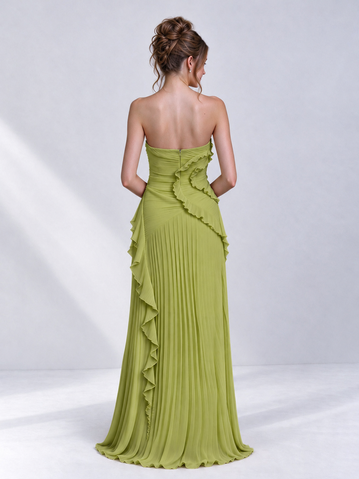 Strapless A-Line Chiffon Ruffle Pleated Sleeveless Wedding Guest Dress with Split Side