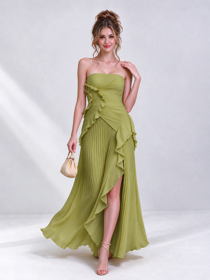 Strapless A-Line Chiffon Ruffle Pleated Sleeveless Wedding Guest Dress with Split Side