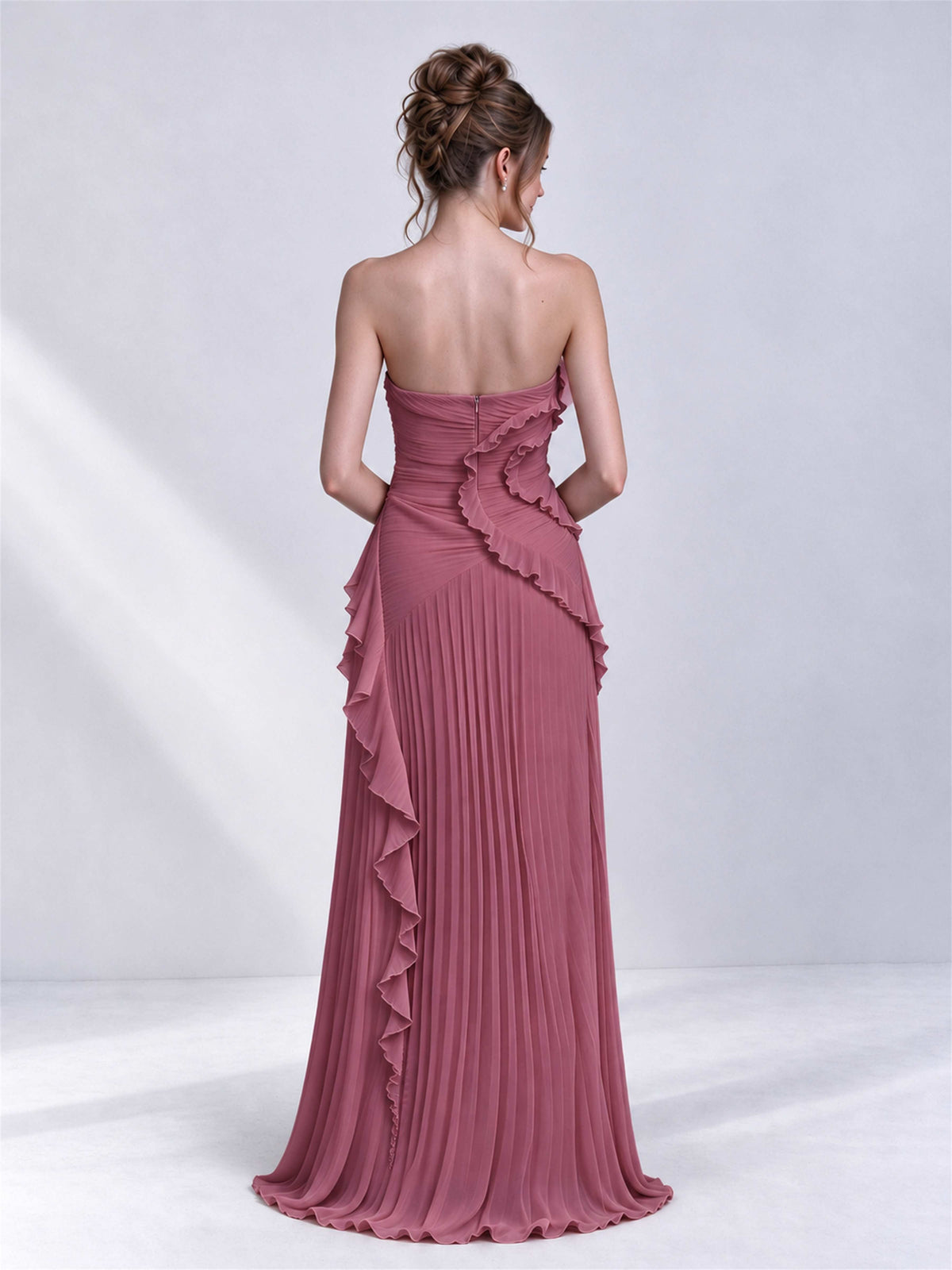 Strapless A-Line Chiffon Ruffle Pleated Sleeveless Wedding Guest Dress with Split Side