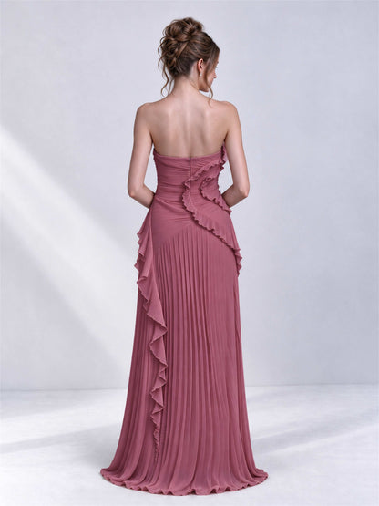 Strapless A-Line Chiffon Ruffle Pleated Sleeveless Wedding Guest Dress with Split Side