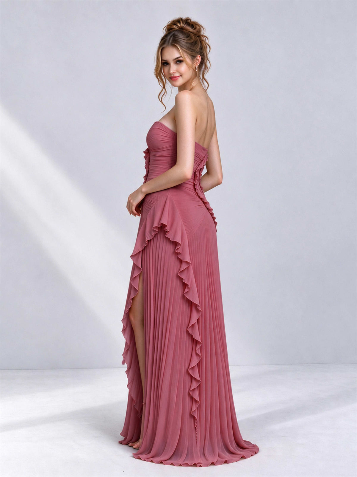 Strapless A-Line Chiffon Ruffle Pleated Sleeveless Wedding Guest Dress with Split Side