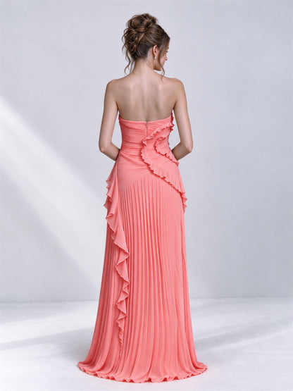 Strapless A-Line Chiffon Ruffle Pleated Sleeveless Wedding Guest Dress with Split Side