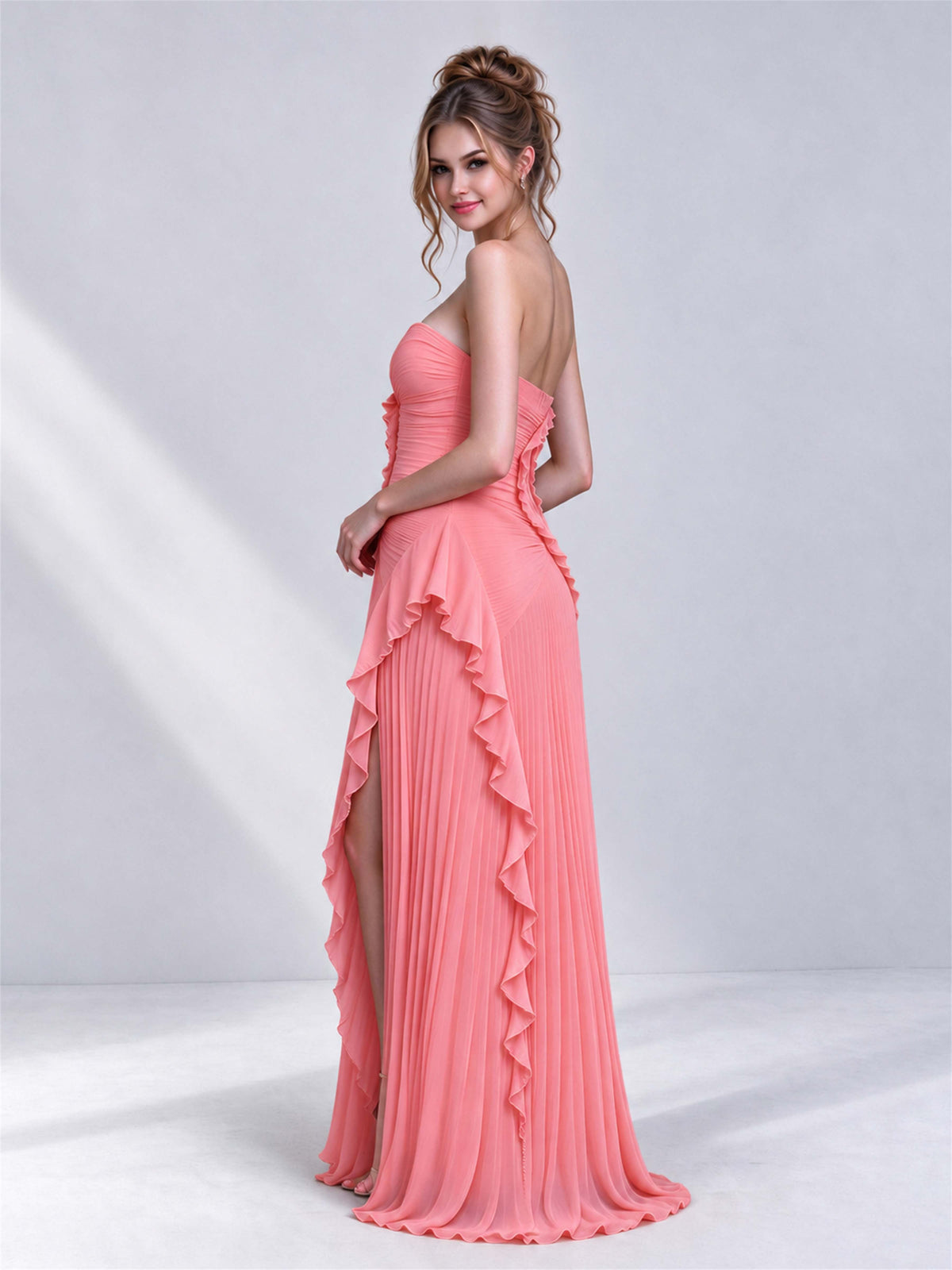Strapless A-Line Chiffon Ruffle Pleated Sleeveless Wedding Guest Dress with Split Side