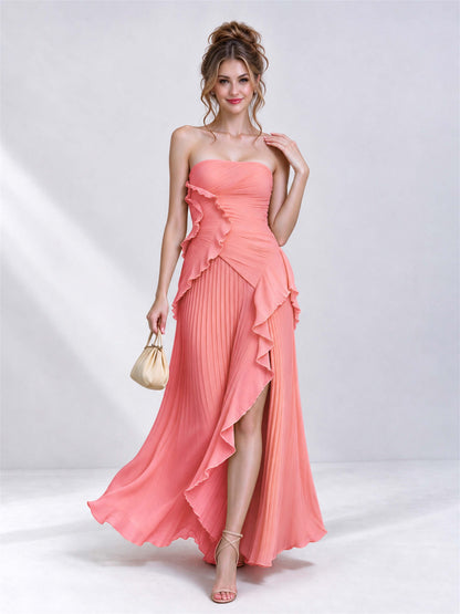 Strapless A-Line Chiffon Ruffle Pleated Sleeveless Wedding Guest Dress with Split Side