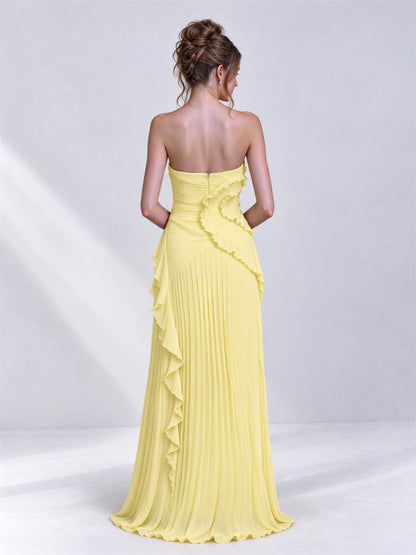 Strapless A-Line Chiffon Ruffle Pleated Sleeveless Wedding Guest Dress with Split Side