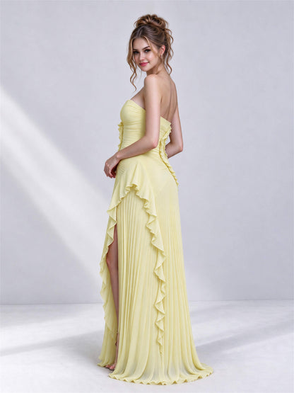 Strapless A-Line Chiffon Ruffle Pleated Sleeveless Wedding Guest Dress with Split Side